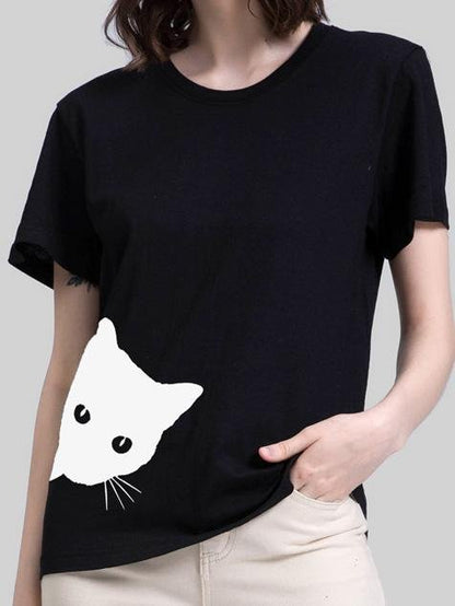 Cat Print Round Neck Slim Short Sleeve T-Shirt - LuckyFash™