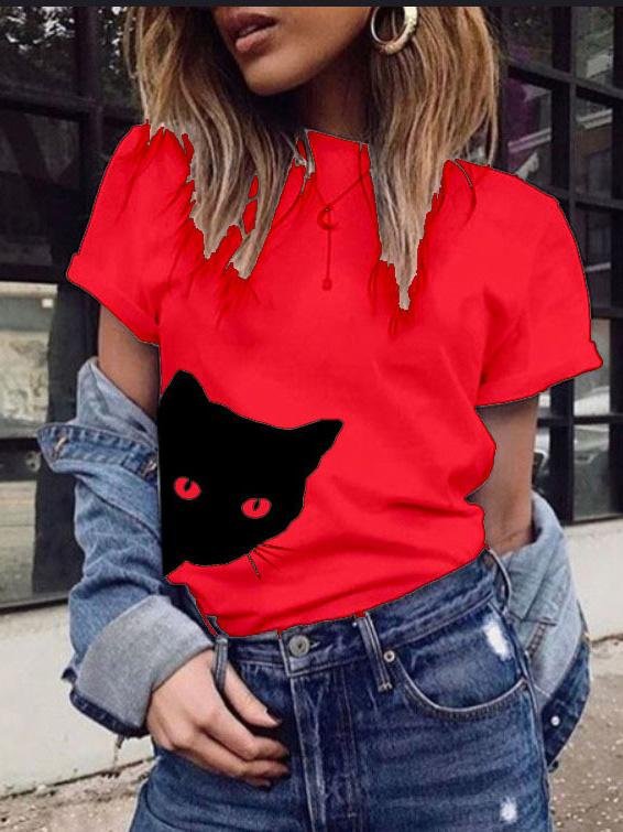 Cat Print Round Neck Slim Short Sleeve T-Shirt - LuckyFash™