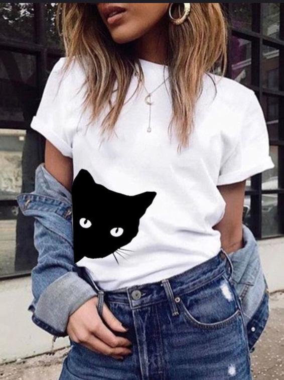 Cat Print Round Neck Slim Short Sleeve T-Shirt - LuckyFash™