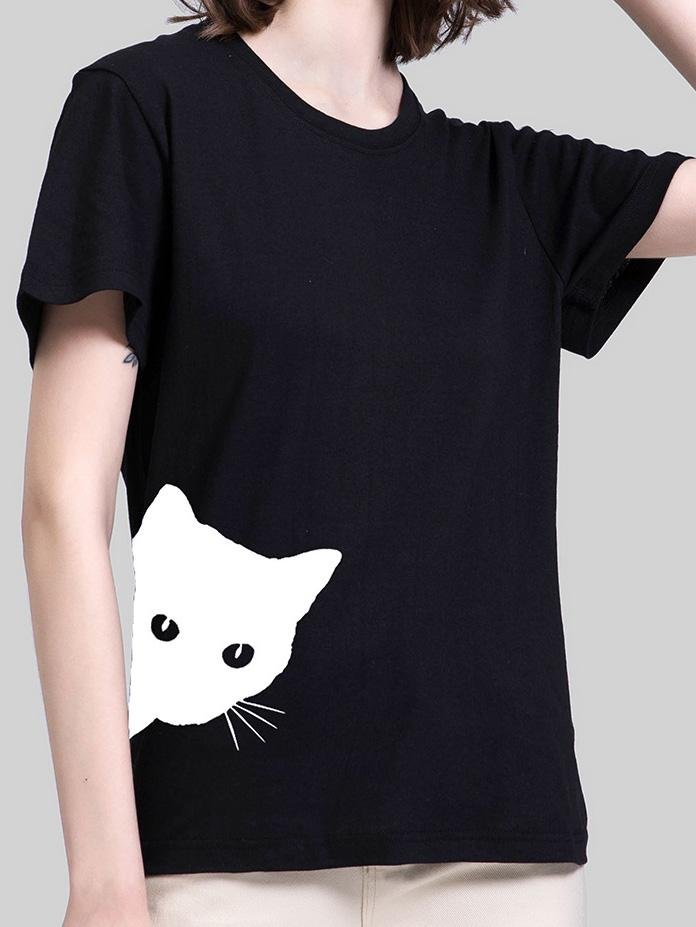 Cat Print Round Neck Slim Short Sleeve T-Shirt - LuckyFash™