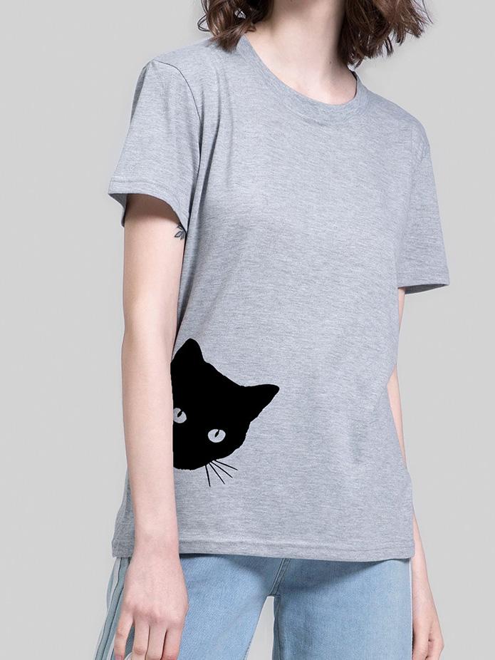 Cat Print Round Neck Slim Short Sleeve T-Shirt - LuckyFash™