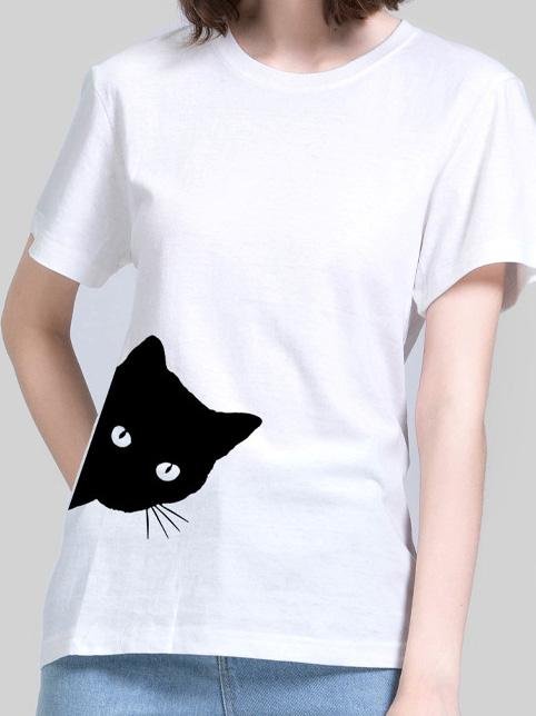 Cat Print Round Neck Slim Short Sleeve T-Shirt - LuckyFash™