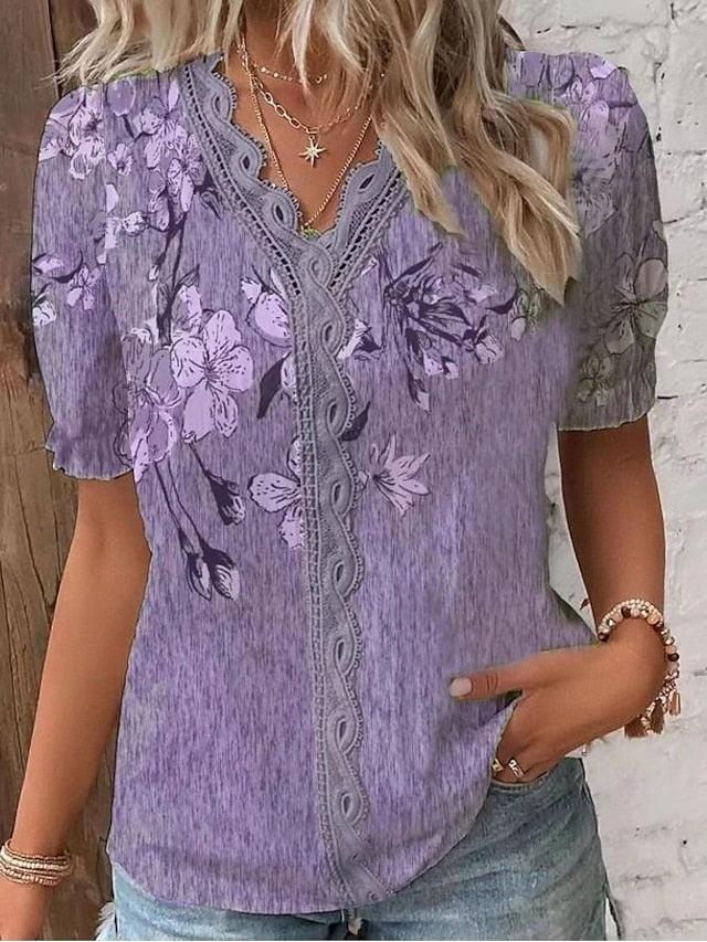 Women's Shirt Blouse Pink Purple Green Floral Lace Trims Print Short Sleeve Casual Holiday Basic V Neck Regular Floral S - LuckyFash™