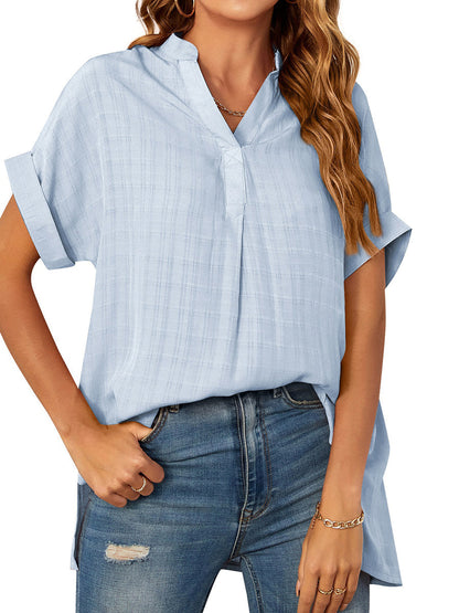 Blouses V-Neck Thin Loose Plaid Short-Sleeved Blouse - LuckyFash™