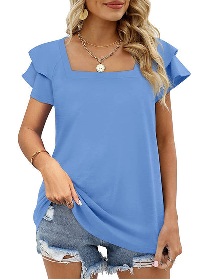 Women’s T-Shirts Solid Color Square Neck Double Layer Petal Sleeve T-Shirt - LuckyFash™