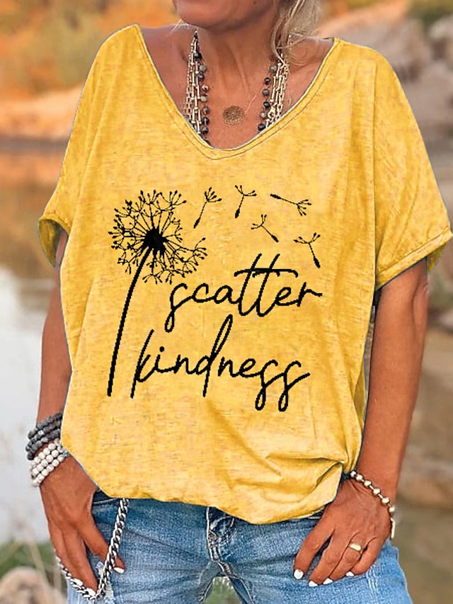 Women's T shirt Tee Yellow Pink Green Letter Dandelion Print Short Sleeve Holiday Weekend Basic V Neck Regular Floral Painting S - LuckyFash™