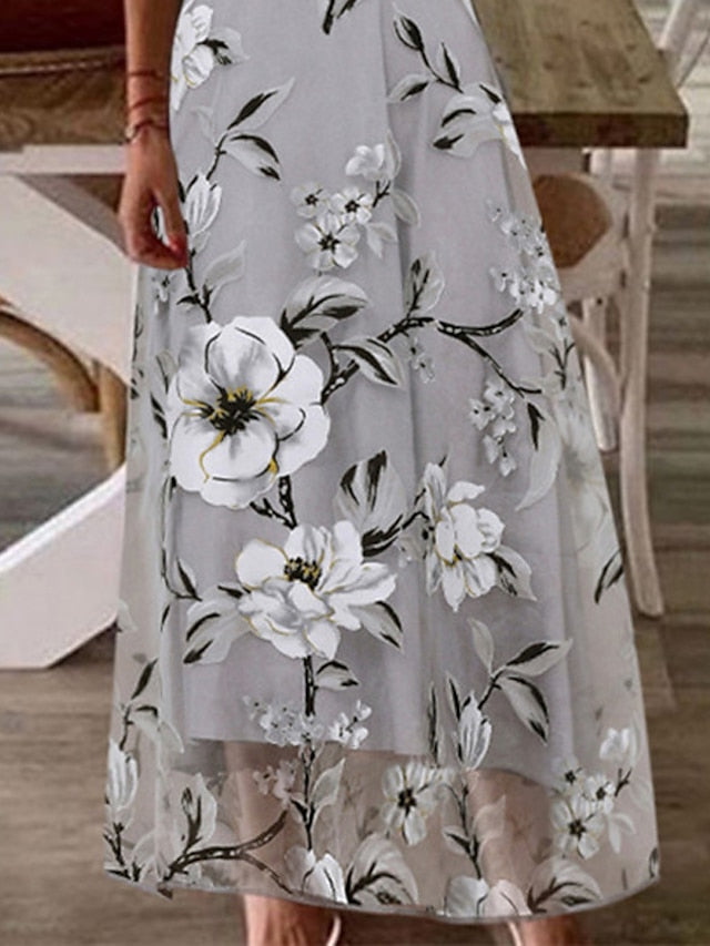 Women's A Line Dress Long Dress Maxi Dress Gray Short Sleeve Floral Lace Spring Summer V Neck Casual 2023 S M L XL XXL - LuckyFash™