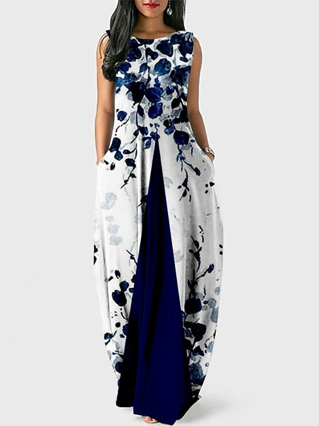 Women's Party Dress Shift Dress Long Dress Maxi Dress Blue Wine Dark Blue Sleeveless Floral Pocket Spring Summer Crew Neck Party 2023 S M L XL XXL 3XL - LuckyFash™