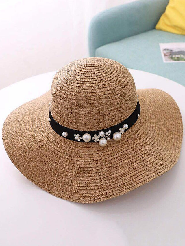 1pcs Lady Round Top Raffia Wide Brim Straw Hats Summer Sun Hats for Women With Leisure Beach Hats - LuckyFash™