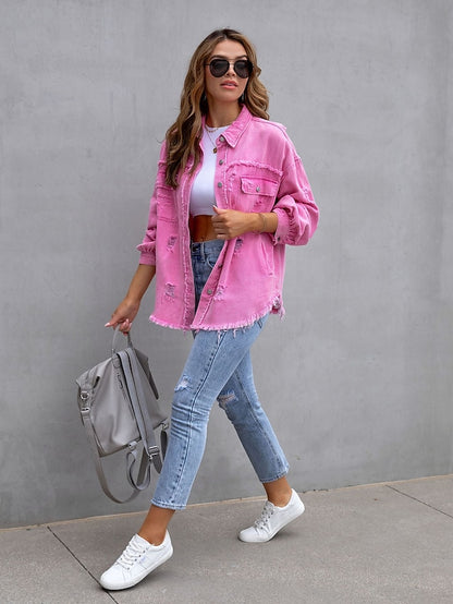 Shacket Pink Purple Orange Plain Button Pocket Long Sleeve Casual Daily Basic Shirt Collar Regular Denim S for Women - LuckyFash™