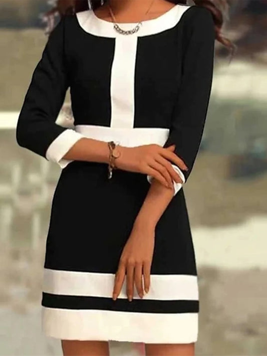 Women's Work Dress Sheath Dress Mini Dress Black And White 3/4 Length Sleeve Print Patchwork Winter Fall Spring Crew Neck Elegant 2023 S M L XL 2XL 3XL - LuckyFash™