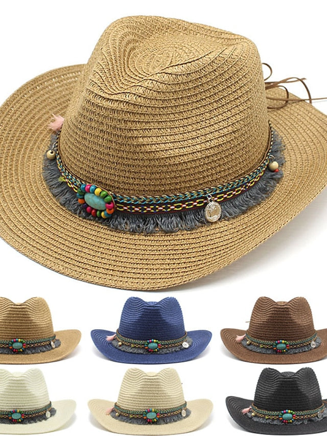 1pcs Elegant Tassel Beach Hats For Women Holiday Hats Ladies Sun Hat Summer Straw Hats Foldable Travel Couple Cowboy Visor Hat - LuckyFash™