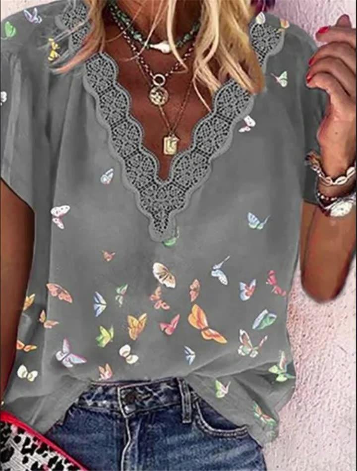 Chiffon V-Neck Printed Short Sleeve T-Shirts - LuckyFash™