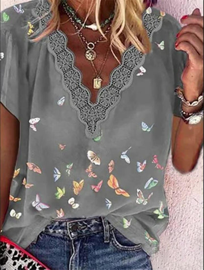 Chiffon V-Neck Printed Short Sleeve T-Shirts - LuckyFash™