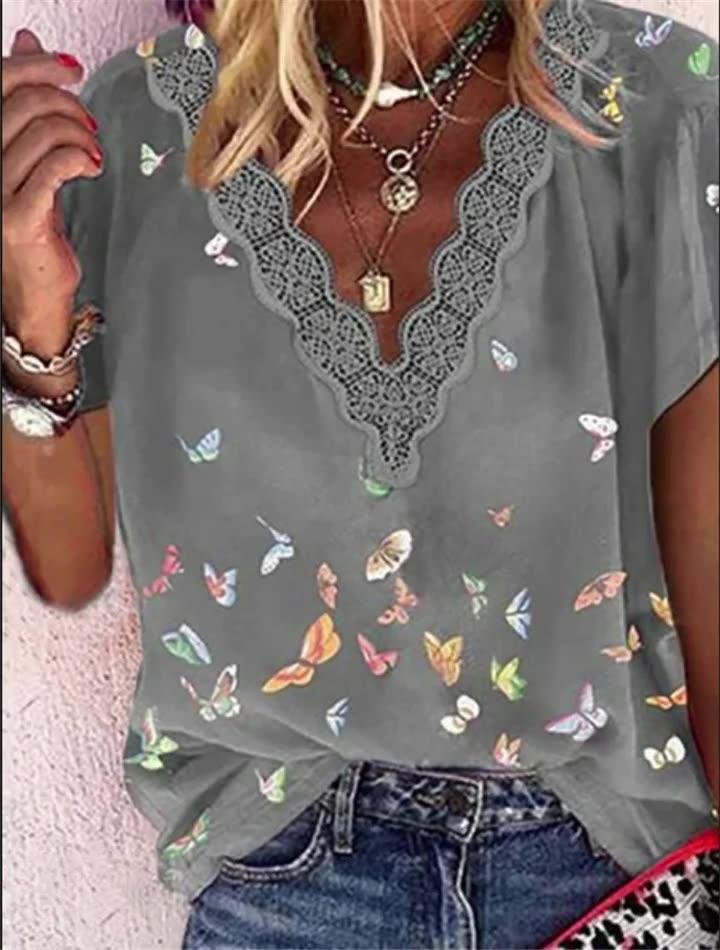 Chiffon V-Neck Printed Short Sleeve T-Shirts - LuckyFash™