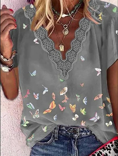Chiffon V-Neck Printed Short Sleeve T-Shirts - LuckyFash™