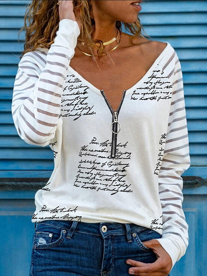 Women's T shirt Tee White Letter Quarter Zip Print Long Sleeve Daily Basic V Neck Regular S - LuckyFash™