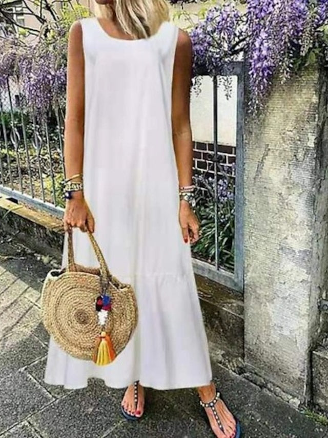 Women's A Line Dress Maxi long Dress Sleeveless Solid Color Patchwork Spring Summer Round Neck Basic Essential Casual Boom Sale Dress S M L XL 2XL 3XL 4XL 5XL - LuckyFash™