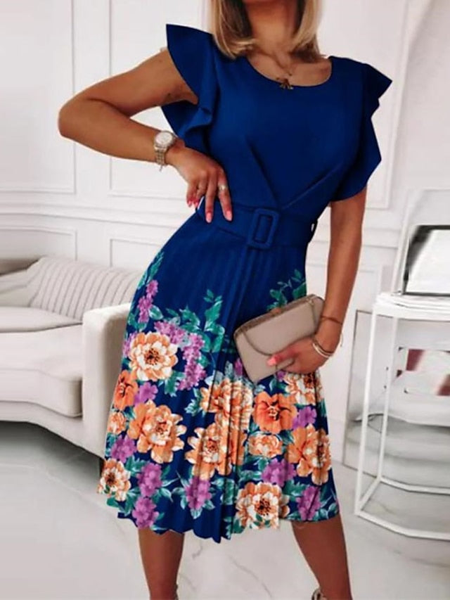 Women's Work Dress Floral Dress Midi Dress Black Pink Blue Short Sleeve Floral Ruched Spring Summer Crew Neck Elegant 2023 S M L XL XXL - LuckyFash™