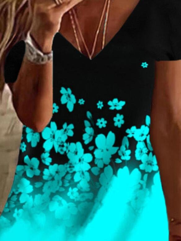 Color Block Floral Print V-Neck Short Sleeves T-shirts - LuckyFash™