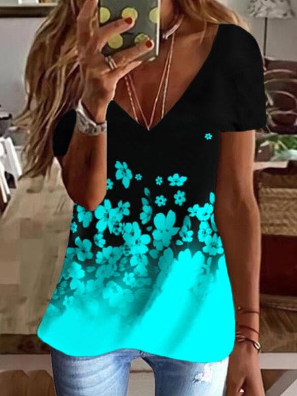 Color Block Floral Print V-Neck Short Sleeves T-shirts - LuckyFash™