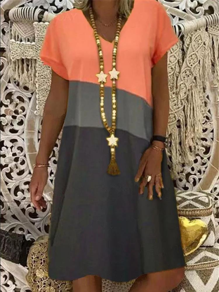 Color Block Short Sleeve V-neck Dress - LuckyFash™
