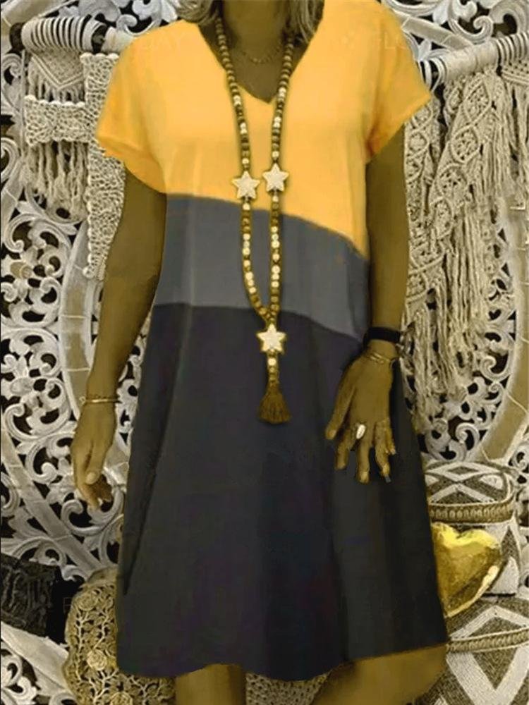 Color Block Short Sleeve V-neck Dress - LuckyFash™