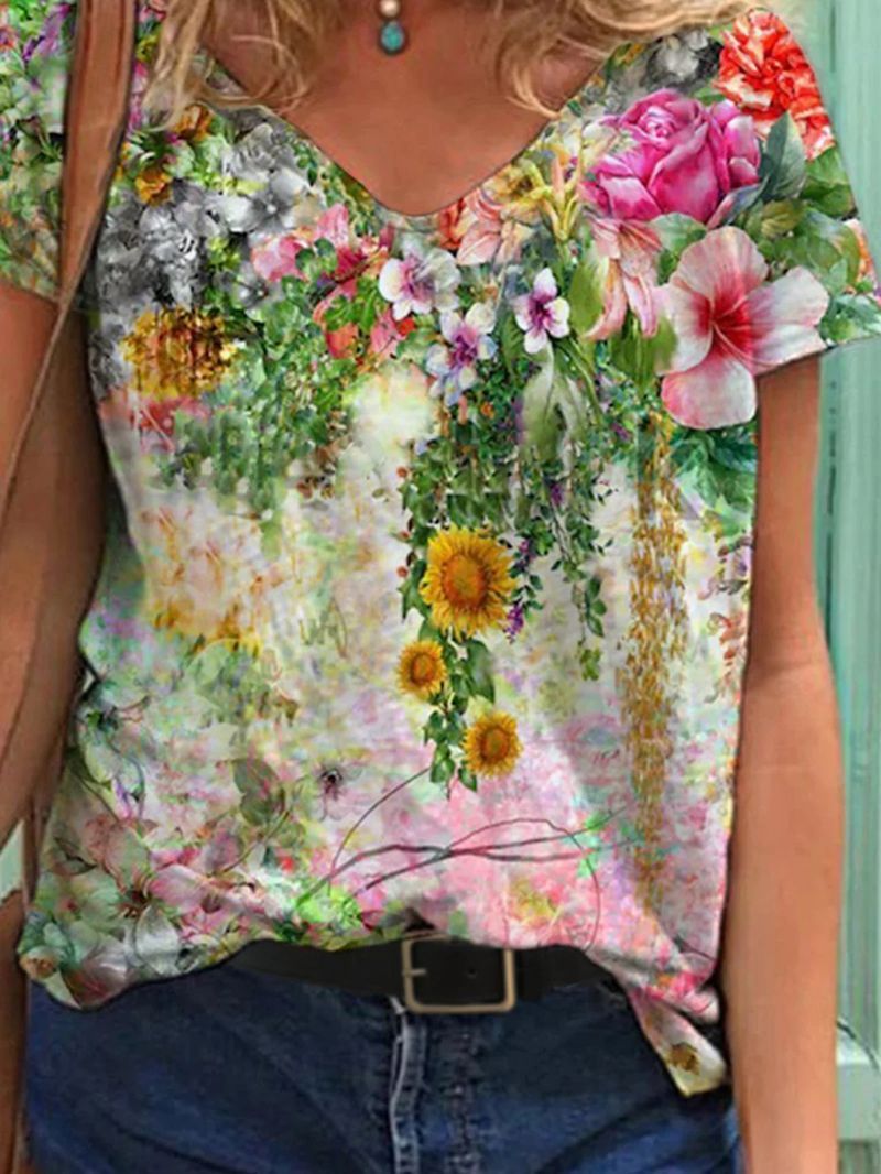 Color Flower Print Short Sleeve V-neck T-shirt - LuckyFash™