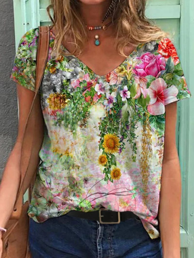 Color Flower Print Short Sleeve V-neck T-shirt - LuckyFash™