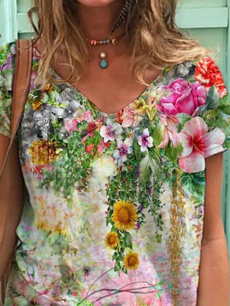 Color Flower Print Short Sleeve V-neck T-shirt - LuckyFash™