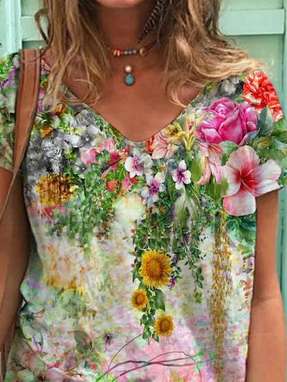 Color Flower Print Short Sleeve V-neck T-shirt - LuckyFash™