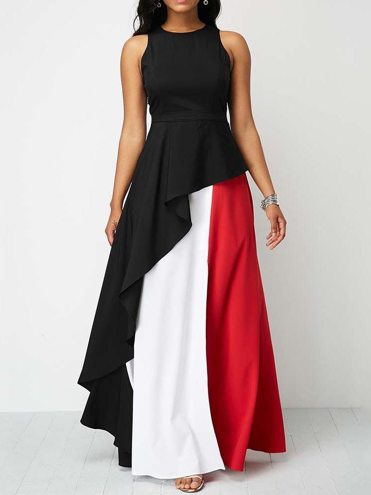 Colorblock Round Neck And Large Party Lotus Leaf Dress - LuckyFash™