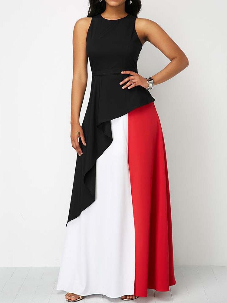 Colorblock Round Neck And Large Party Lotus Leaf Dress - LuckyFash™