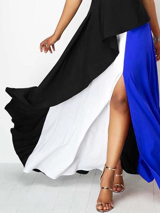 Colorblock Round Neck And Large Party Lotus Leaf Dress - LuckyFash™