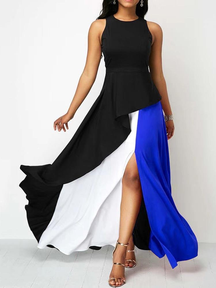 Colorblock Round Neck And Large Party Lotus Leaf Dress - LuckyFash™