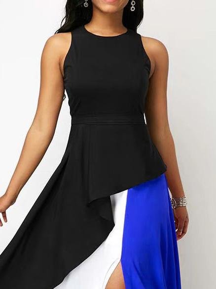 Colorblock Round Neck And Large Party Lotus Leaf Dress - LuckyFash™