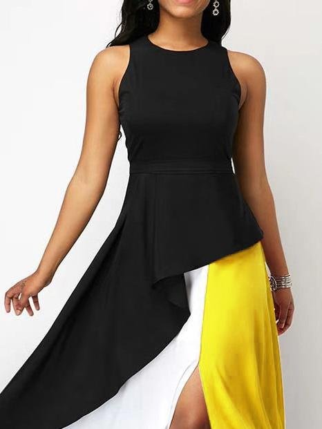 Colorblock Round Neck And Large Party Lotus Leaf Dress - LuckyFash™