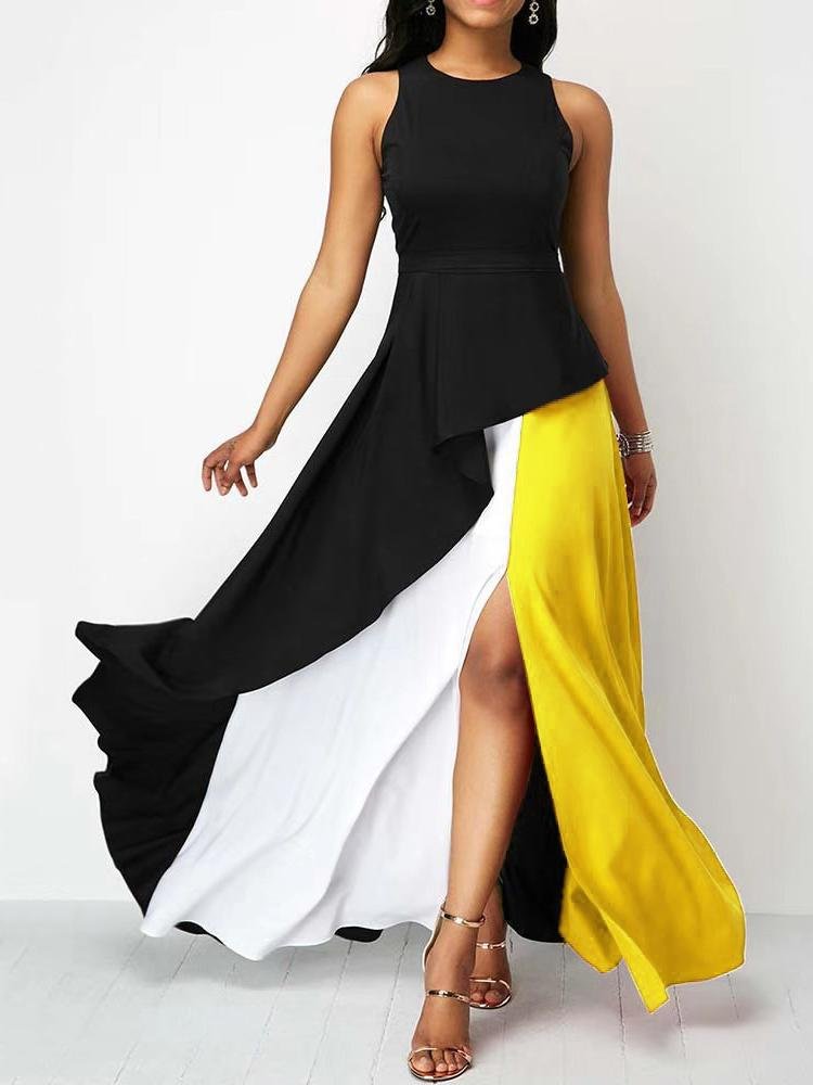 Colorblock Round Neck And Large Party Lotus Leaf Dress - LuckyFash™