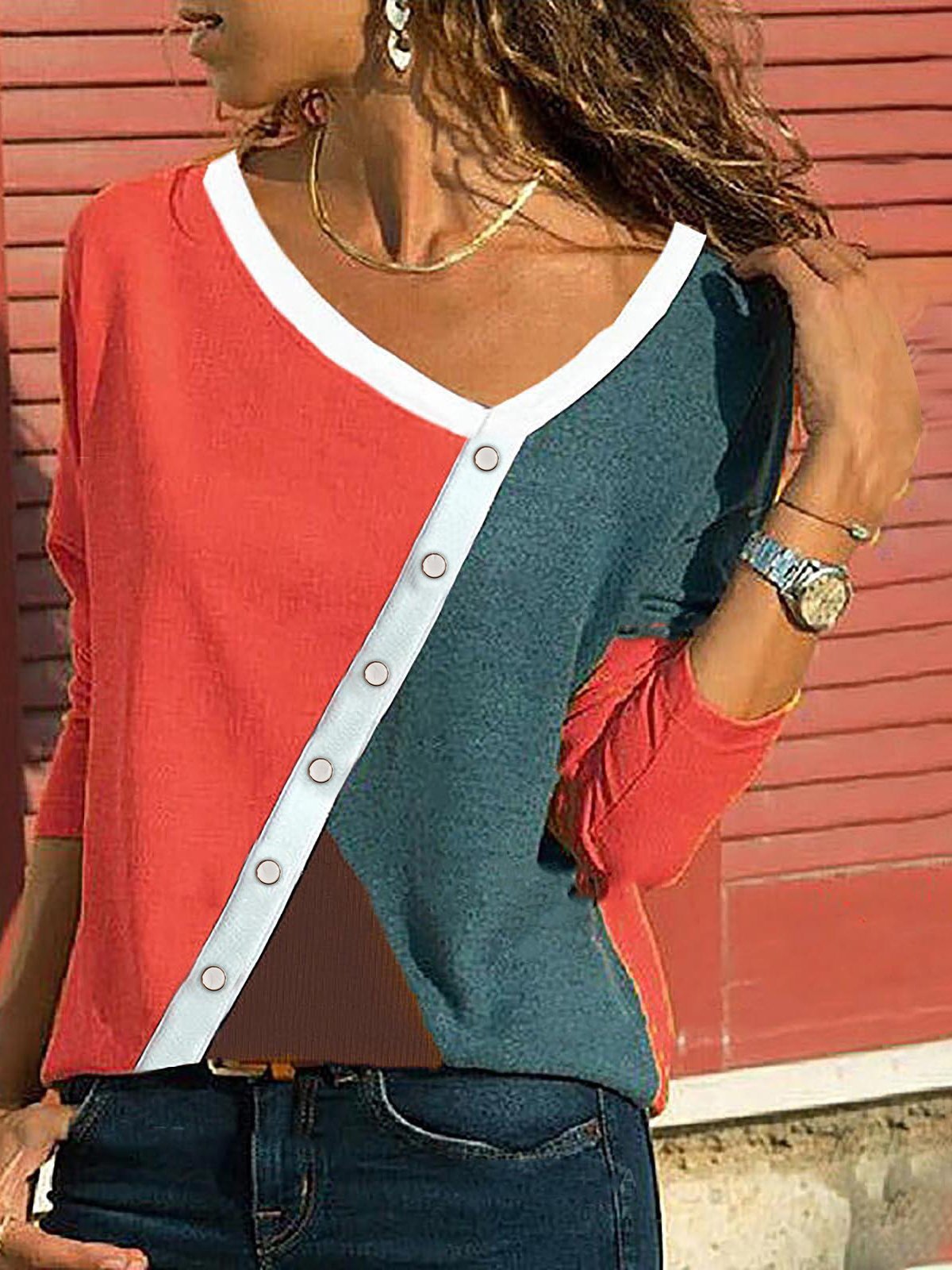 Contrasting Color Long-sleeved Casual T-shirt - LuckyFash™