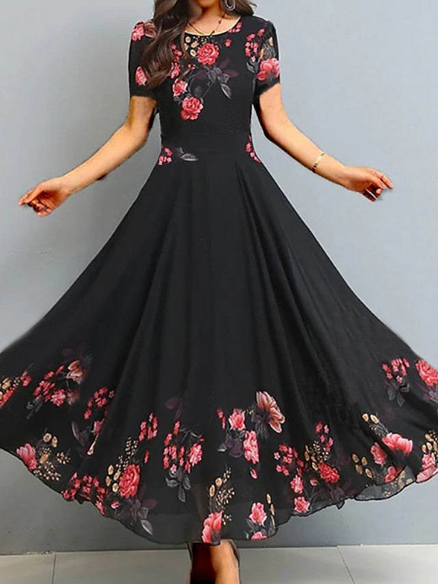 Women's A Line Dress Maxi long Dress Black Short Sleeve Floral Ruched Print Spring Summer Crew Neck Elegant Vacation 2023 3XL - LuckyFash™