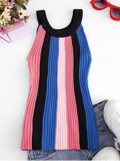 Crew Neck Colorblock Stripes Knitted Tank Top - LuckyFash™