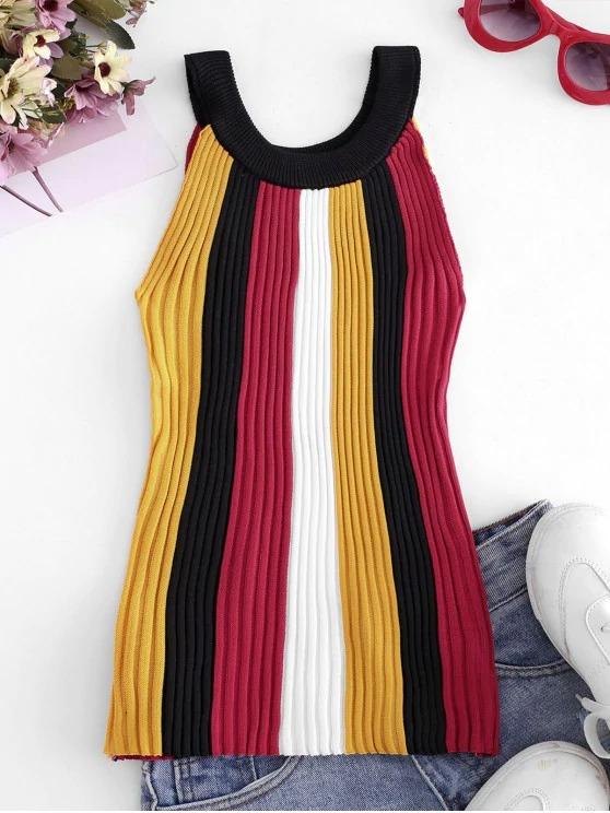 Crew Neck Colorblock Stripes Knitted Tank Top - LuckyFash™