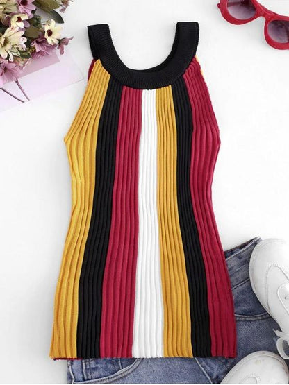 Crew Neck Colorblock Stripes Knitted Tank Top - LuckyFash™