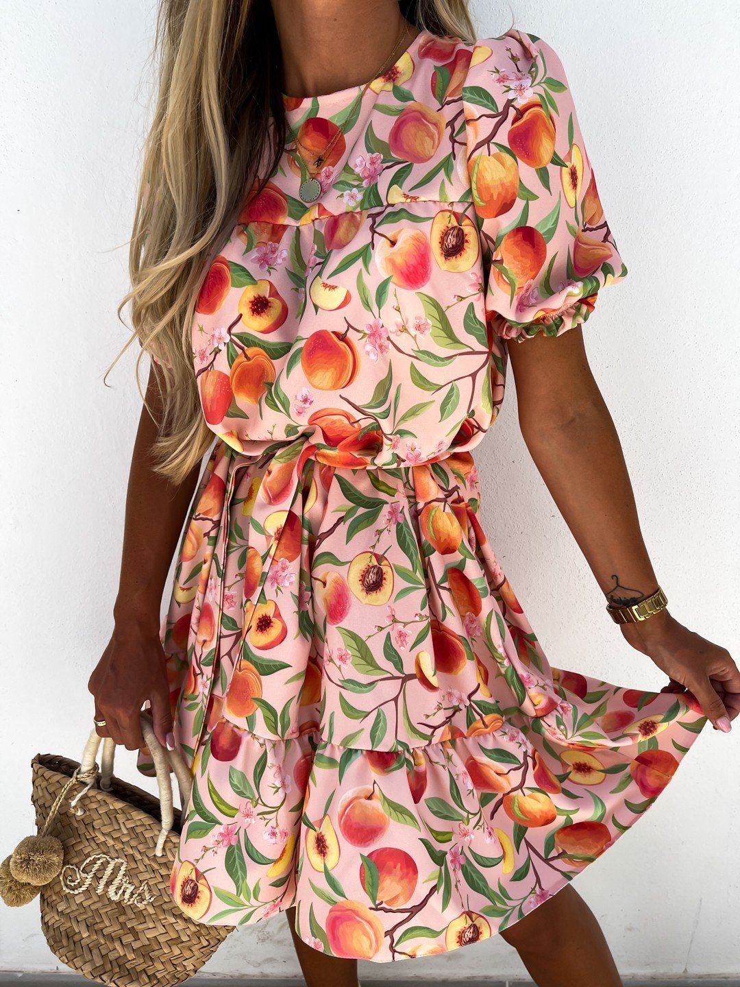 Crew Neck Printed Short Sleeve Mini Dress - LuckyFash™