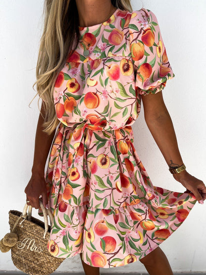 Crew Neck Printed Short Sleeve Mini Dress - LuckyFash™