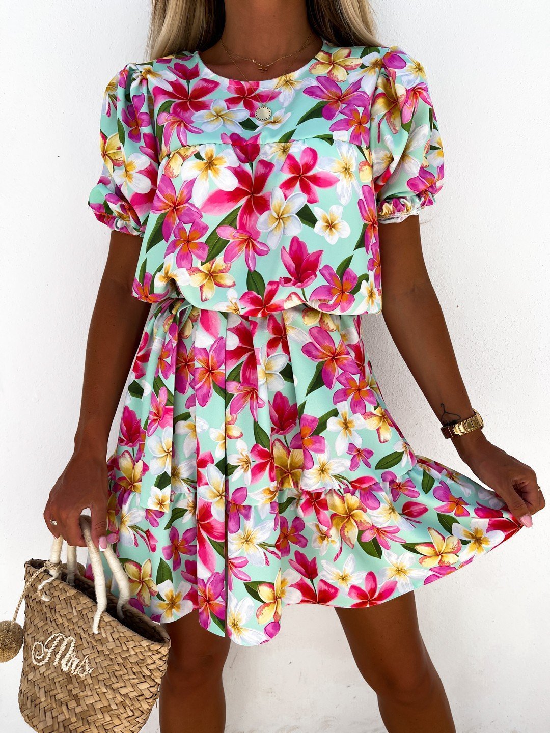 Crew Neck Printed Short Sleeve Mini Dress - LuckyFash™