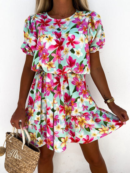 Crew Neck Printed Short Sleeve Mini Dress - LuckyFash™