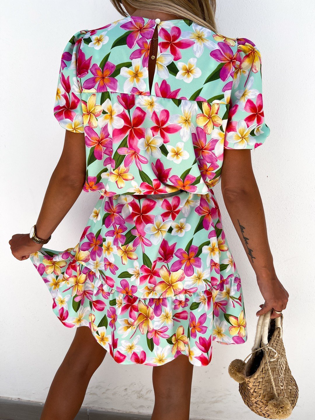 Crew Neck Printed Short Sleeve Mini Dress - LuckyFash™