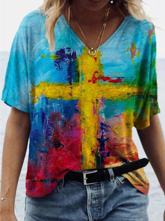 Cross Print V-neck Short Sleeve T-shirt - LuckyFash™
