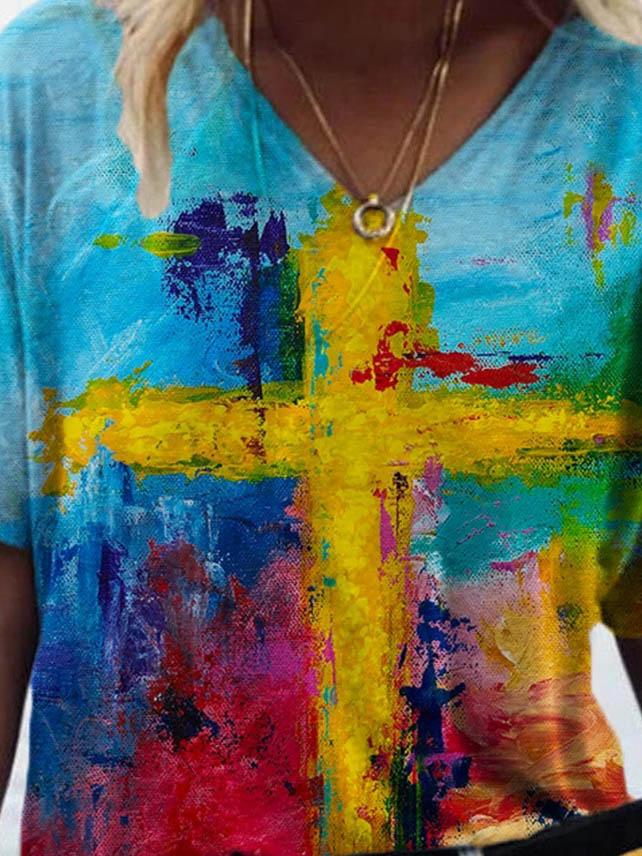 Cross Print V-neck Short Sleeve T-shirt - LuckyFash™